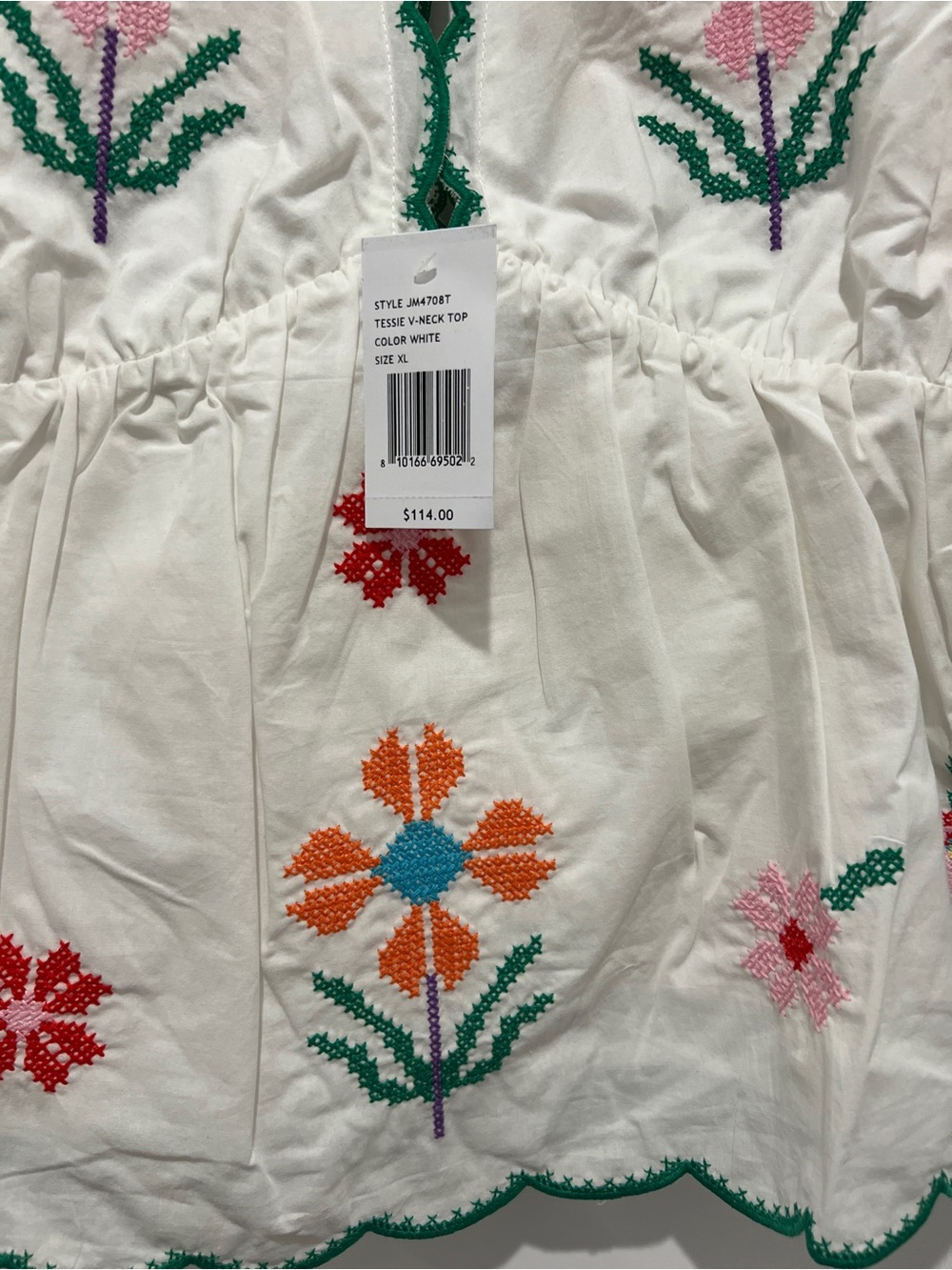 White Embroidered Peplum Blouse with Multicolor Floral & Bird Motif J.Marie - Picture 4 of 5
